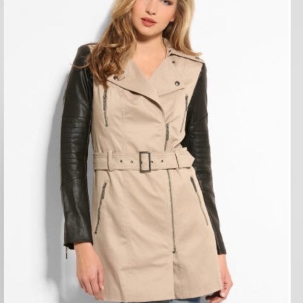 GUESS Trench Coat with Faux Leather Sleeves